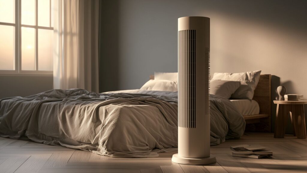 Markenfreier heller Turmventilator in ruhigem Schlafzimmer mit Abendstimmung