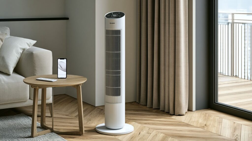 Markenfreier Smart-Turmventilator mit Smartphone und Fernbedienung auf Beistelltisch