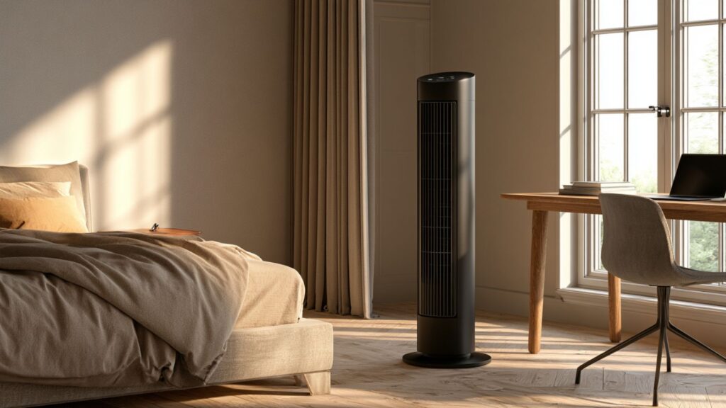 Markenfreier schwarzer Turmventilator in ruhiger Schlafzimmer- oder Homeoffice-Szene