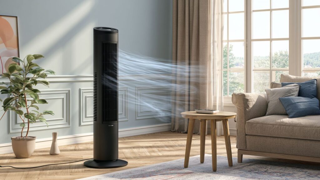 Markenfreier Turmventilator mit angedeuteter Luftströmung und Fernbedienung im Wohnraum