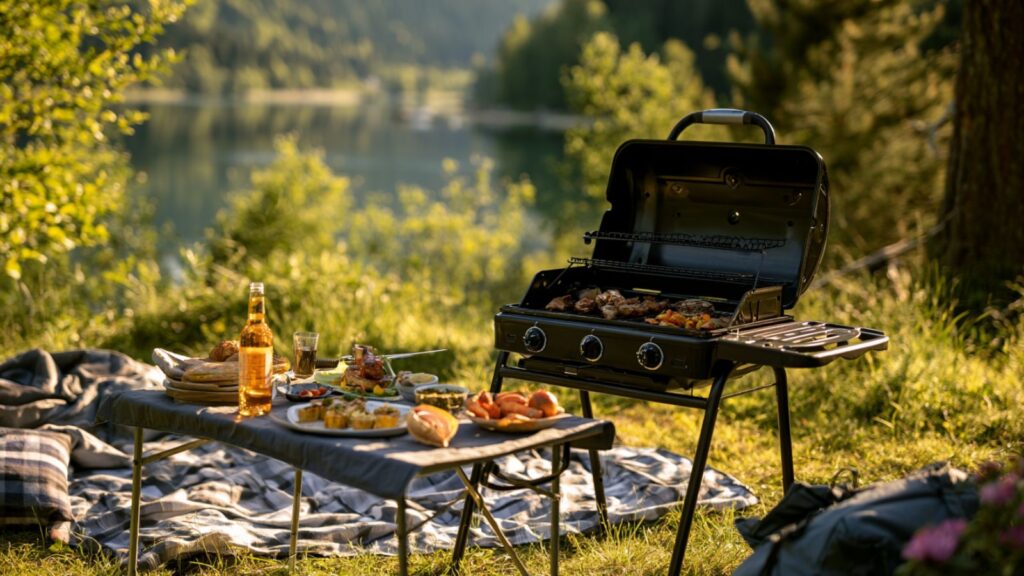 Markenfreier kleiner Camping-Gasgrill in einer ruhigen Picknickszene