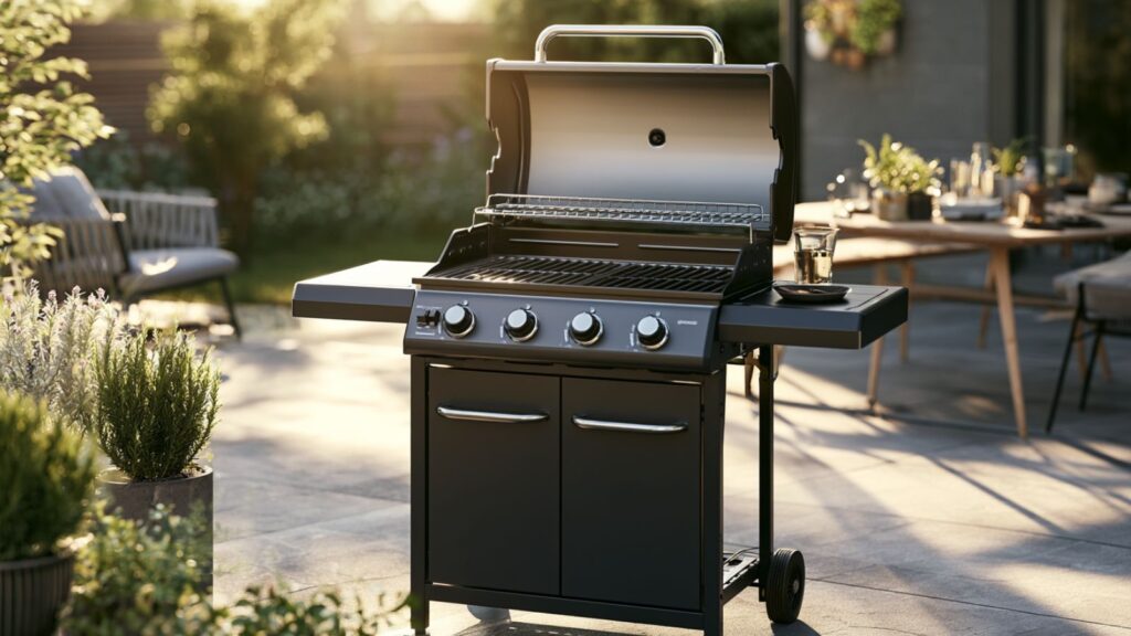 Markenfreier kompakter Gasgrill mit geöffneter Haube und zweigeteilter Grillfläche