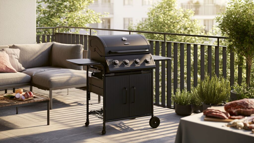 Markenfreier kleiner Gasgrill mit Gestell auf Balkon mit vorbereiteter Grillumgebung