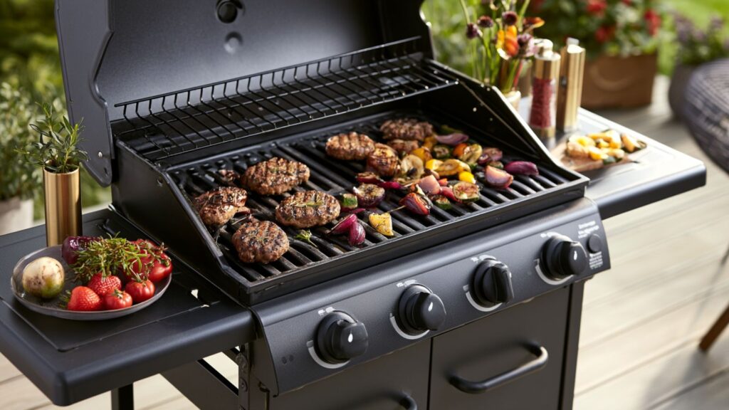 Markenfreier geöffneter Gasgrill mit Gussrost und zwei Grillzonen