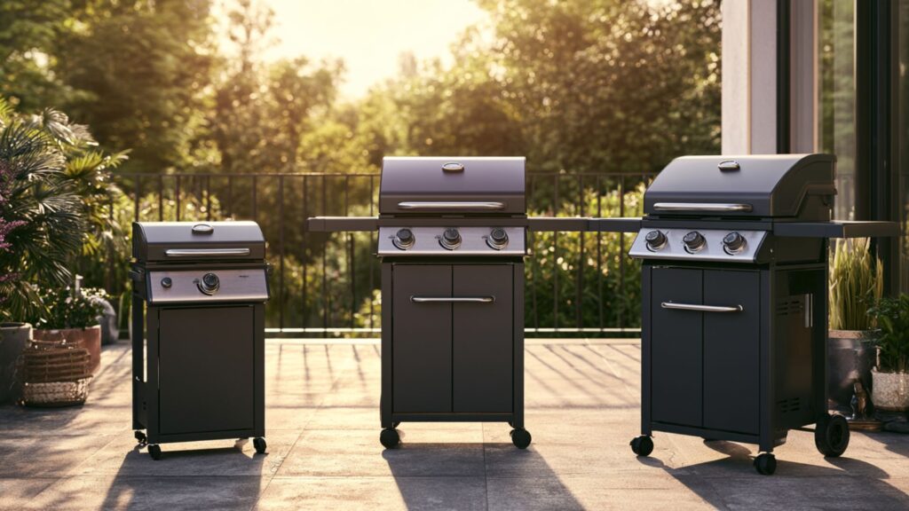 Markenfreies Ratgeberbild mit Gasgrills mit einem, zwei und drei Brennern auf einer Terrasse