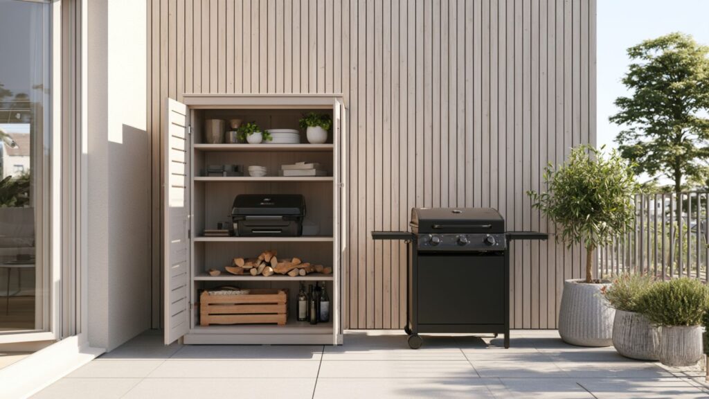 Markenfreie Alltagsszene mit verstautem Tischgasgrill und platzsparend abgestelltem kleinen Grillwagen