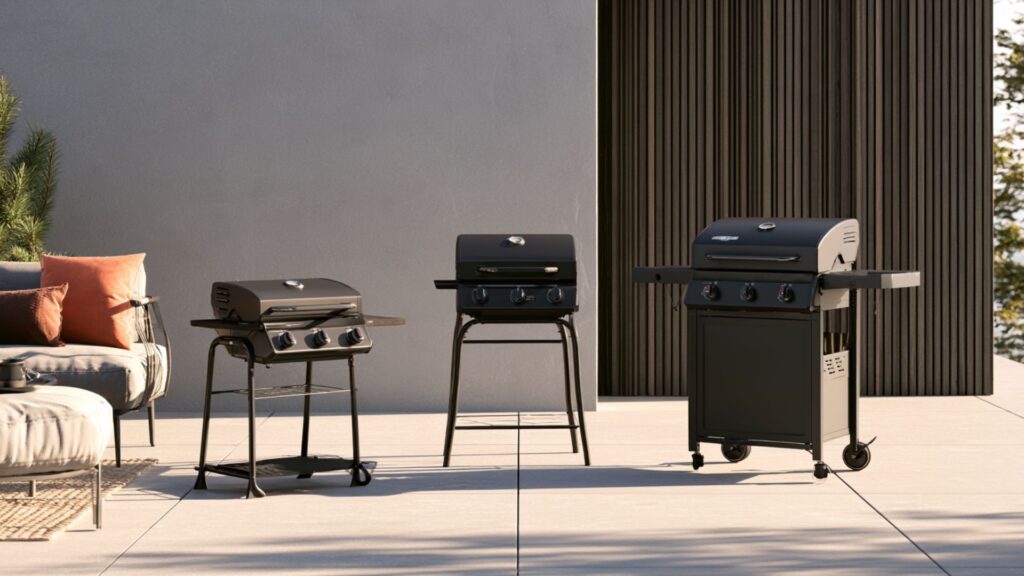 Markenfreies Ratgeberbild mit Tischgrill, kompaktem Standgrill und kleinem Grillwagen auf einer Terrasse