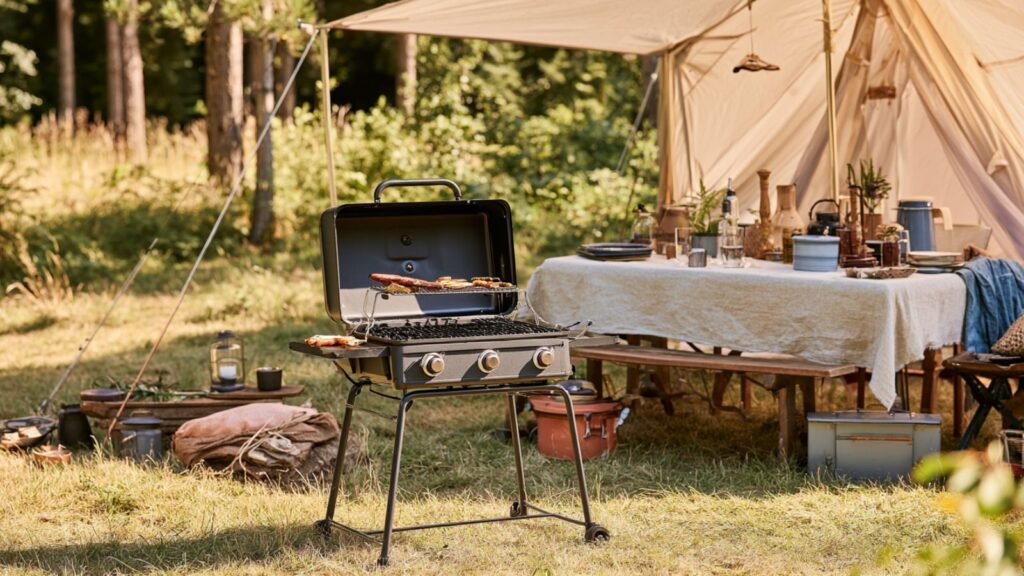 Markenfreie Alltagsszene mit kompaktem Campinggasgrill auf einer stabilen Aufstellfläche im Freien. Kleiner Gasgrill für Balkon, Camping und Terrasse