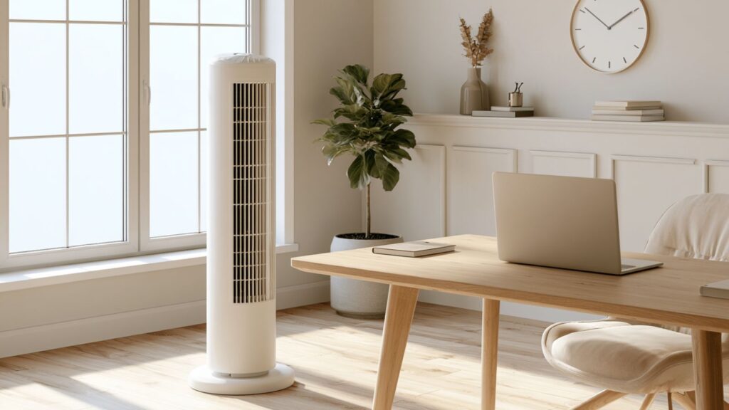 Markenfreier weißer Turmventilator in hellem Homeoffice mit Schreibtisch und Laptop