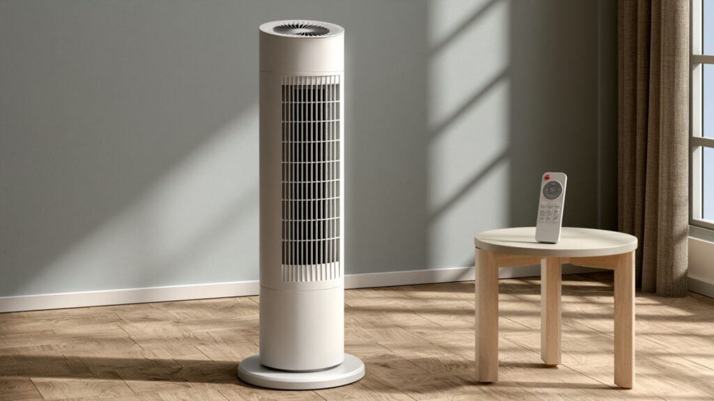Markenfreier weißer Turmventilator mit Luftauslassfront und Fernbedienung auf kleinem Tisch