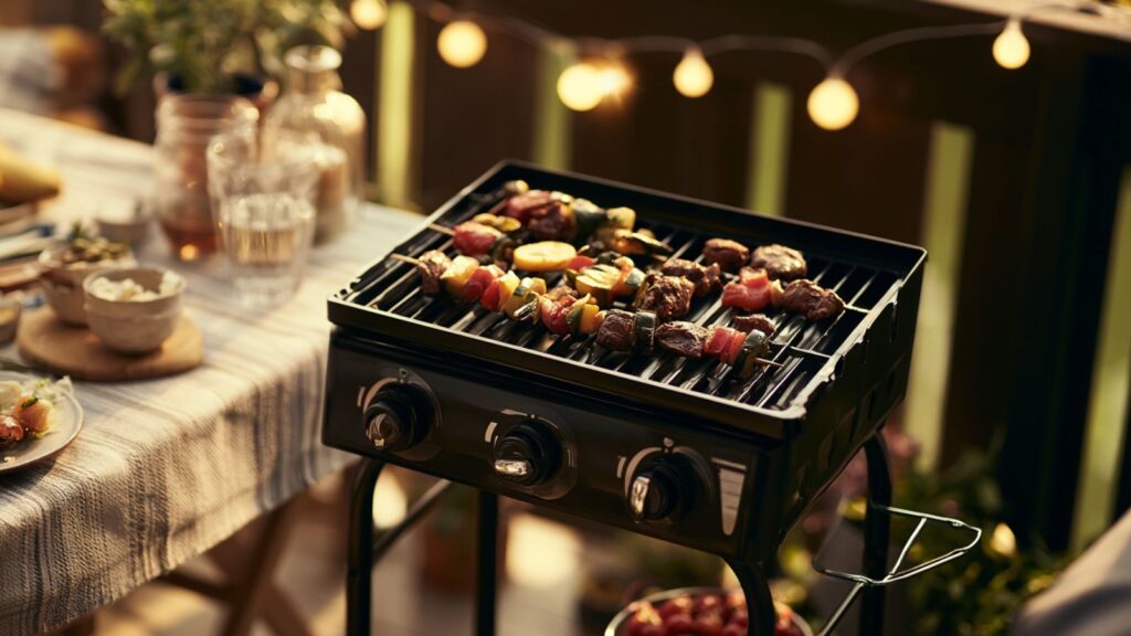 Markenfreier kleiner Gasgrill beim Grillen auf Balkon oder Campingplatz