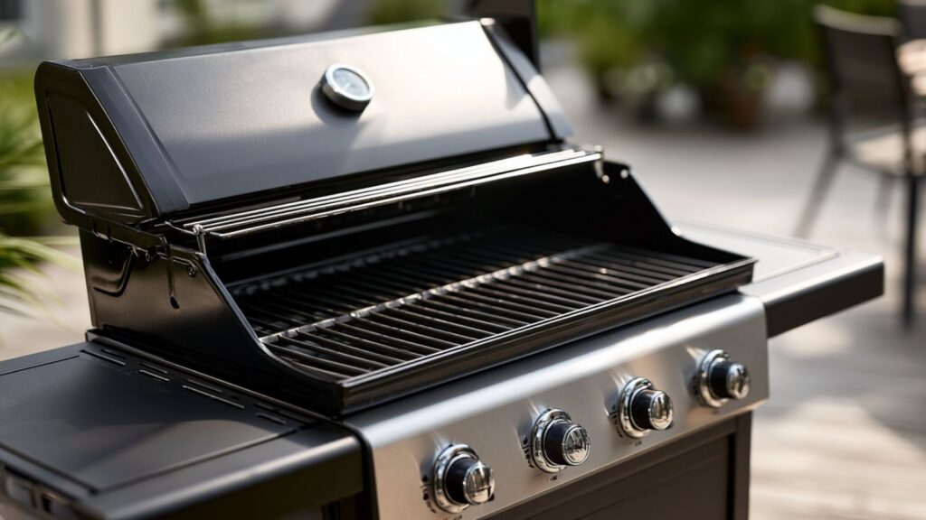 Markenfreier Tischgasgrill mit geöffnetem Deckel und sichtbarer Grillfläche