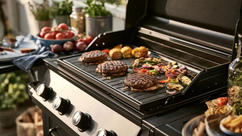 Markenfreier Gasgrillwagen auf Balkon mit Burgern und Gemüse auf der Plancha-Grillplatte