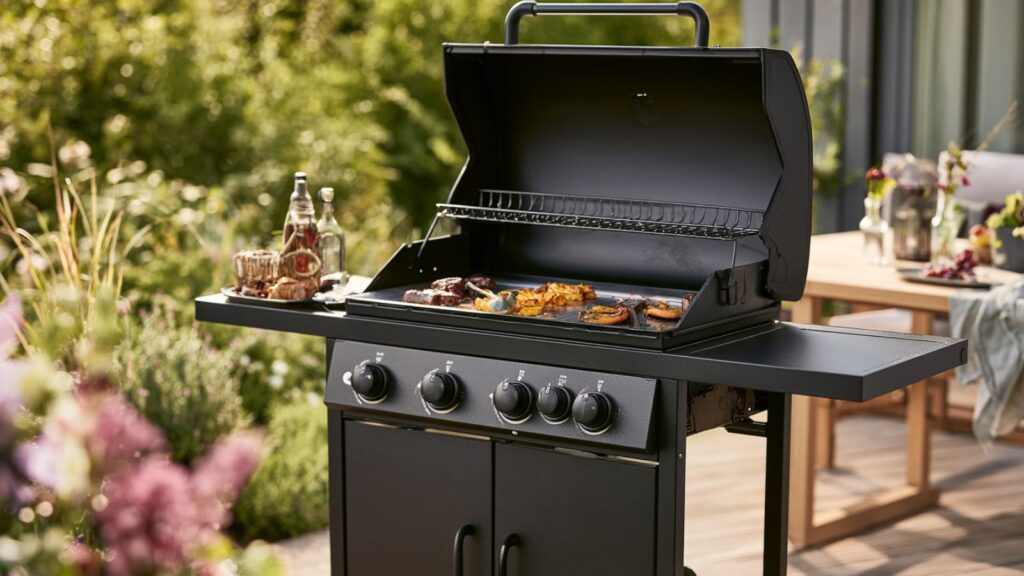 Markenfreier Gasgrillwagen mit geöffneter Plancha-Grillplatte und drei angedeuteten Hitzezonen