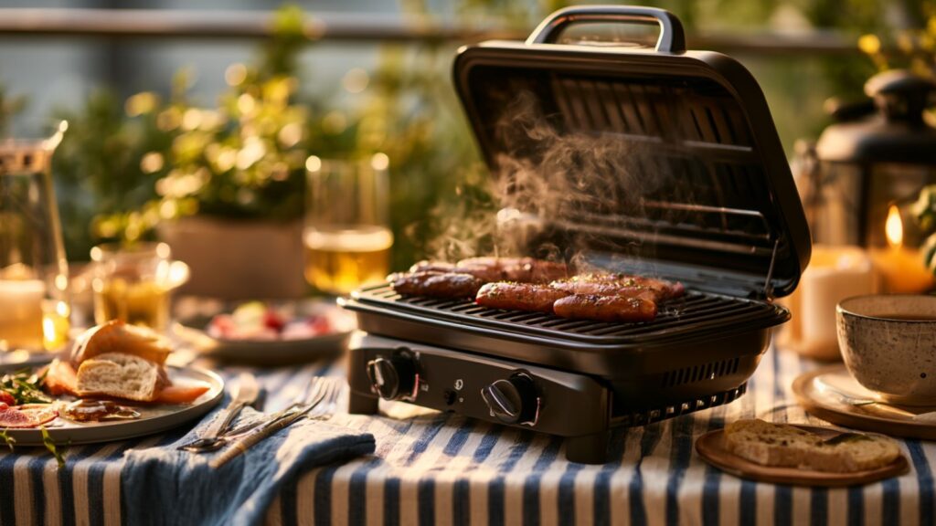 Markenfreier kompakter Gasgrill auf Balkon oder Campingplatz