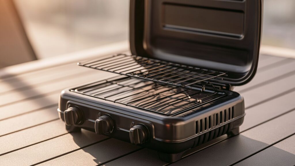 Markenfreier geöffneter Tischgasgrill mit Grillrost und Warmhalterost