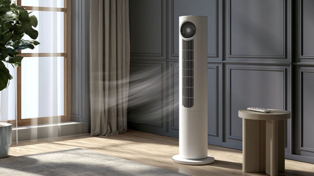 Markenfreier weißer Turmventilator mit dezenter Luftbewegung und Fernbedienung