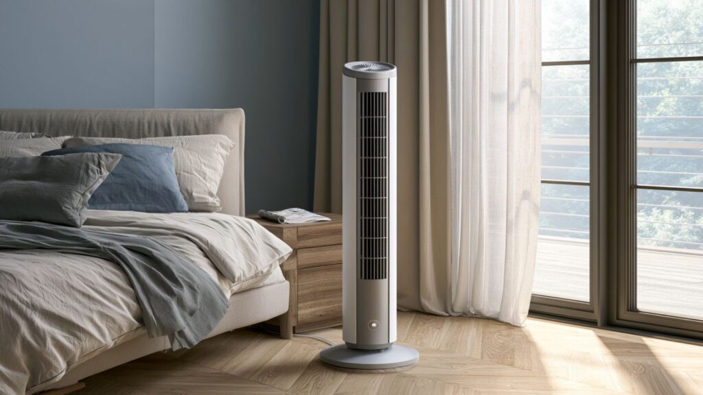 Markenfreier Turmventilator im Schlafzimmer neben Bett mit indirekter Luftführung