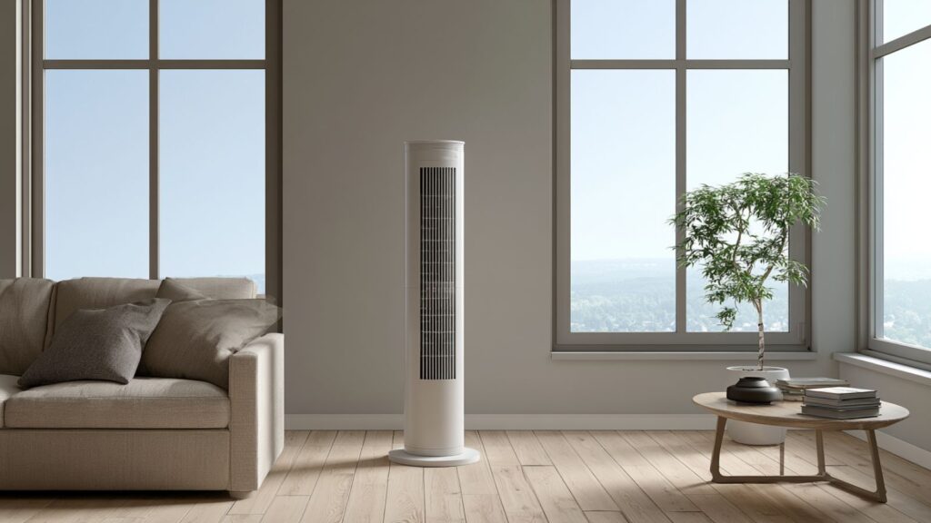 Markenfreier Turmventilator in kleiner Wohnung mit freiem Luftweg und ruhiger Sommerstimmung