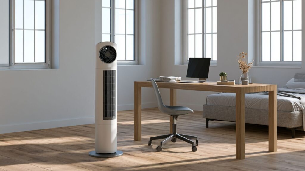 Markenfreier Turmventilator im Homeoffice mit freiem Luftweg und sicherer Standfläche