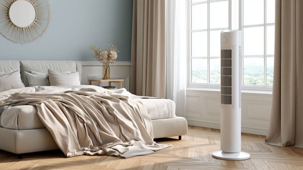Markenfreie Alltagsszene mit Turmventilator im Schlafzimmer und indirekter Luftführung zum Bett