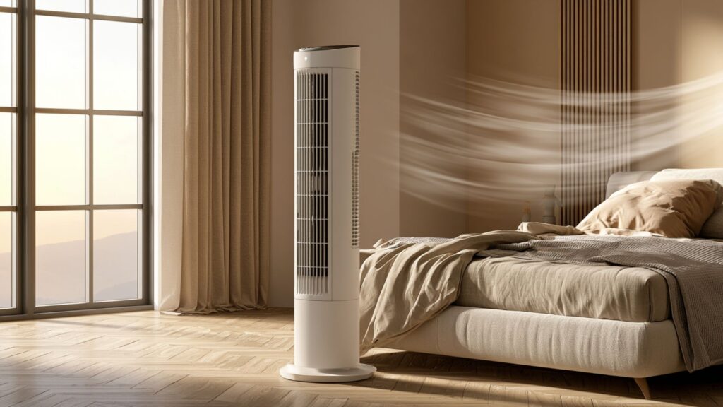 Turmventilator gegen Hitze im Schlafzimmer neben Bett