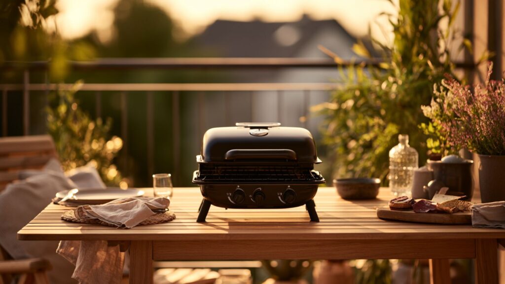 Markenfreier kleiner Gasgrill in einer ruhigen Camping- oder Balkon-Szene