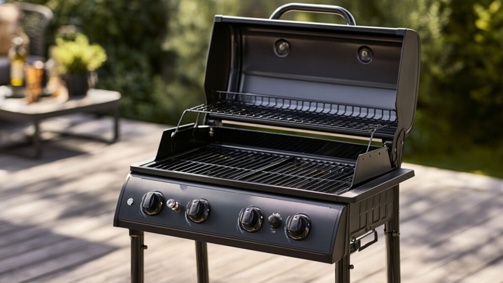 Markenfreier kompakter Gasgrill mit geöffnetem Deckel und sichtbarer Grillfläche