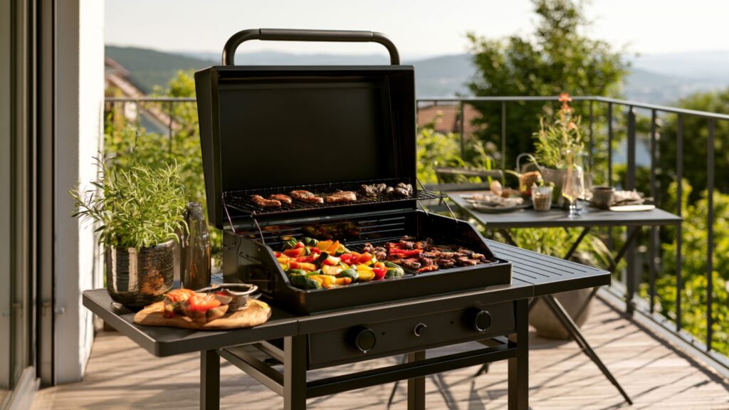 Markenfreier Elektrogrill auf einem Balkon mit Gemüse und Grillgut auf getrennten Grillbereichen