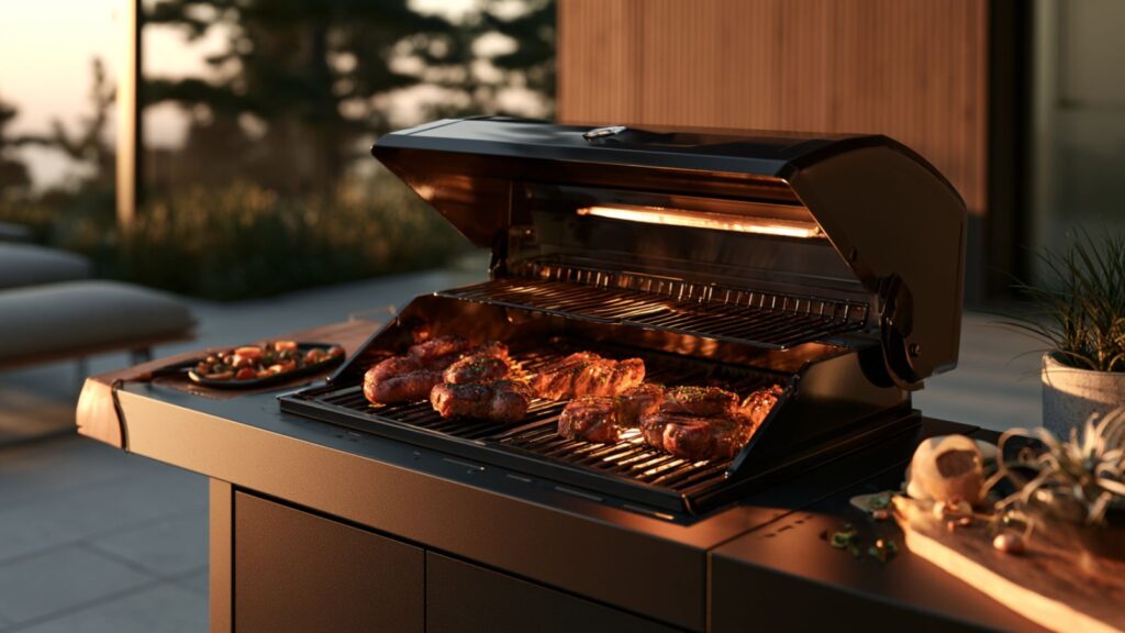 Markenfreier geöffneter Elektrogrill mit zweigeteiltem Grillrost und zwei Grillbereichen